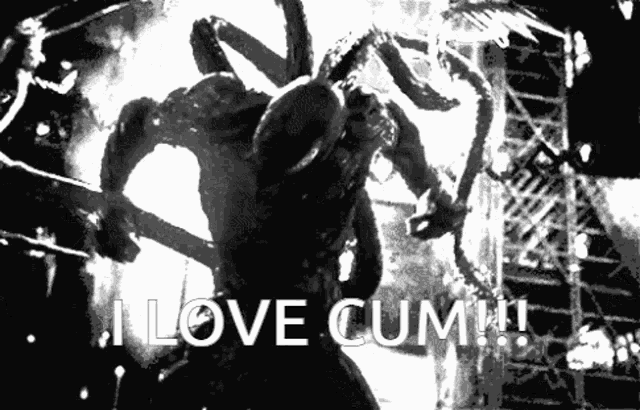 a black and white image of a monster with the words " i love cum "