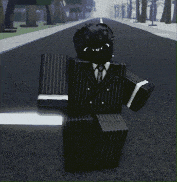 a cartoon character in a suit and tie stands on a street