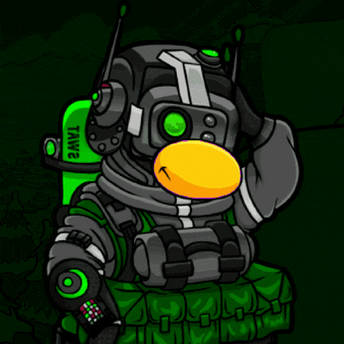 a cartoon drawing of a robot with a yellow beak and a green tank that says tam2
