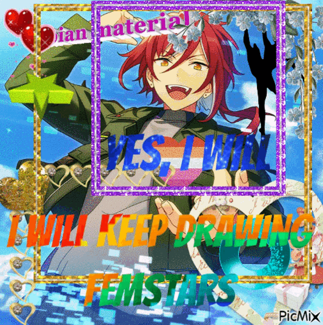 a picture of a anime character with the words " i will keep drawing femstars "