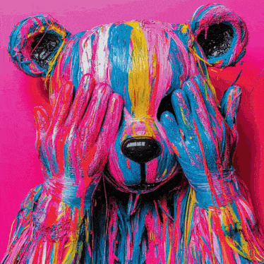 a colorful teddy bear covering its eyes with its hands on a pink background