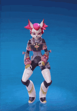 a cartoon character with a pink hair and a black and white outfit is standing in front of a blue background