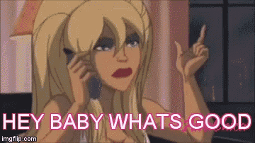 a cartoon woman is talking on a cell phone and says hey baby what 's good .
