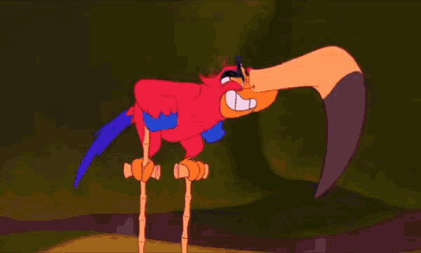 a pink flamingo and a red parrot are kissing