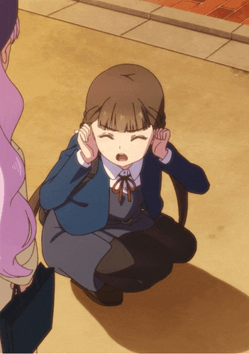 a girl covering her ears with her hands in a cartoon