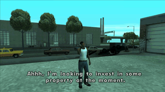 a man in a video game is talking on a cell phone and says ahhh i 'm looking to invest in some property