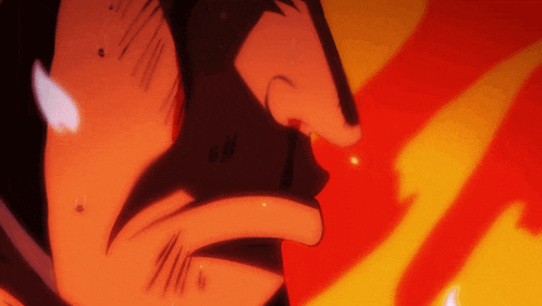 a close up of a person 's face with a fire background