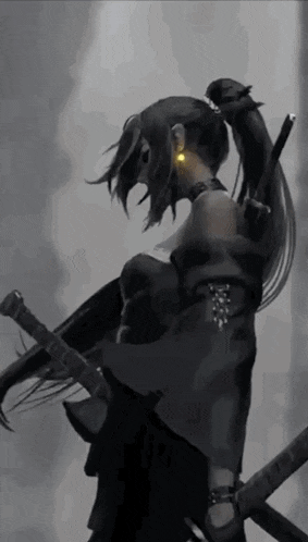 a black and white painting of a girl holding a sword .
