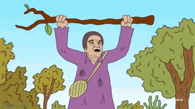 a man in a purple shirt is holding a stick over his head in a cartoon