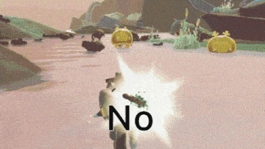 a video game scene with the word no in black letters