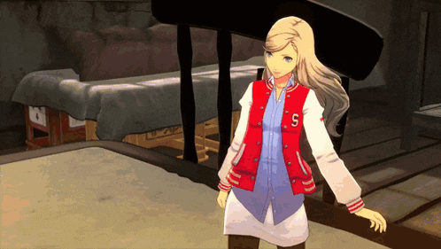 a girl in a red jacket with the letter s on the front
