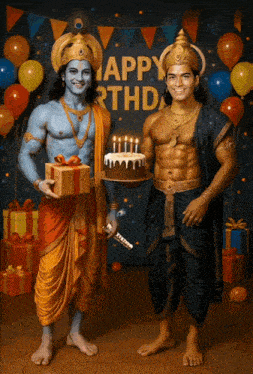 two men dressed as krishna and rama holding gifts and a cake in front of a happy birthday banner