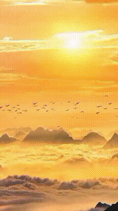 a flock of birds are flying over a mountain range at sunset