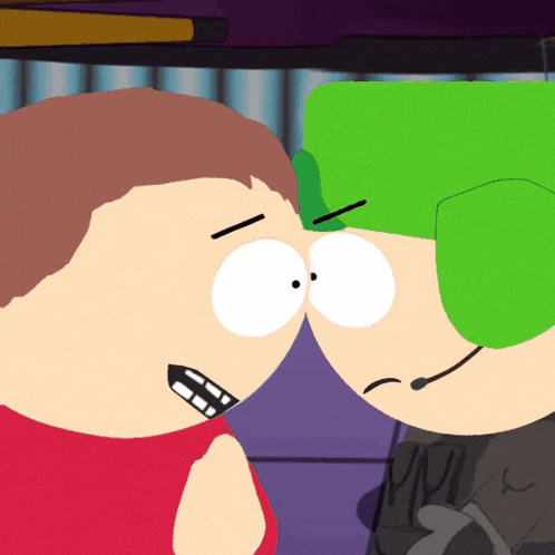 two cartoon characters are looking at each other and one has a green head