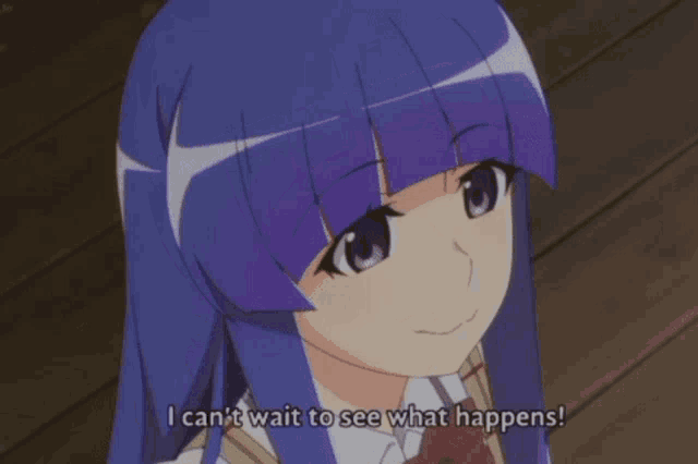 a girl with purple hair is smiling and says i can 't wait to see what happens