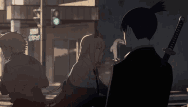 a man with a sword is standing next to a woman with long hair