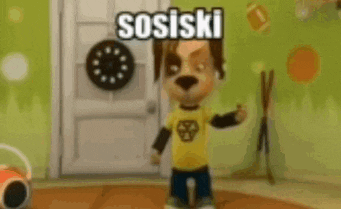 a cartoon dog is giving a thumbs up in a room with a door .