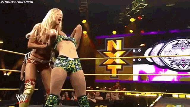 two female wrestlers are standing in a wrestling ring with the nxt logo in the background