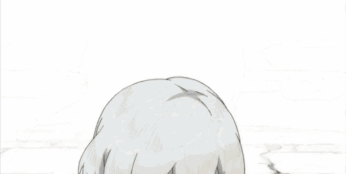 a little girl with white hair is sitting on the ground with her hands on her chin .