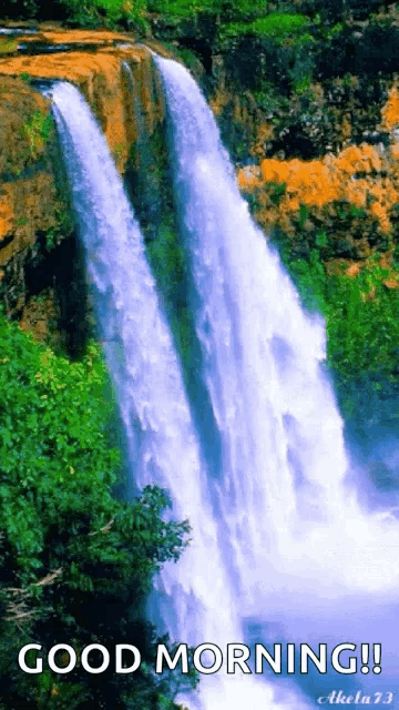 a picture of a waterfall with the words good morning on it