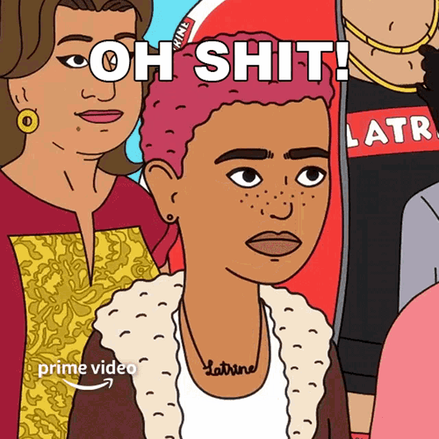 a cartoon of a woman with a necklace that says latrine on it