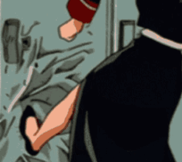 a cartoon drawing of a man and woman standing next to each other in front of a door
