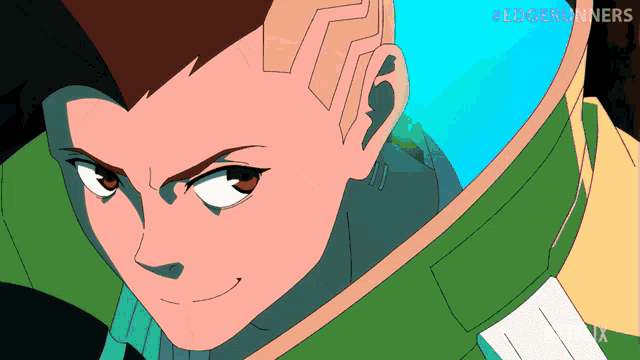 a close up of a cartoon character with the hashtag #edgerunners on the bottom right