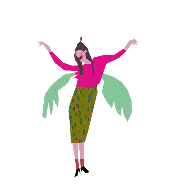a woman in a pink top and green skirt is holding a green leaf