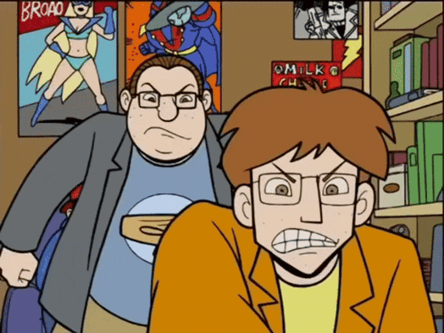 two cartoon characters are standing in front of a sign that says broadway on it