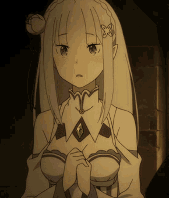 a girl with long white hair and a necklace with a green stone