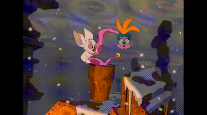 a couple of cartoon characters standing next to each other on top of a snow covered mountain .