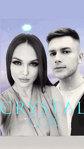 a man and a woman are posing for a photo with the name crystal cox written on the bottom