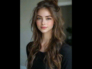 a woman with long brown hair is wearing a black top and a bun .