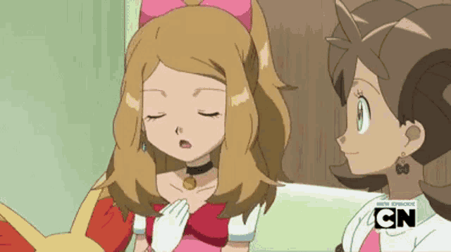 a couple of cartoon girls are standing next to each other with cn written on the bottom