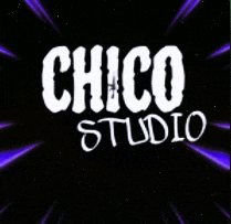a logo for chico studio with purple rays coming out of it