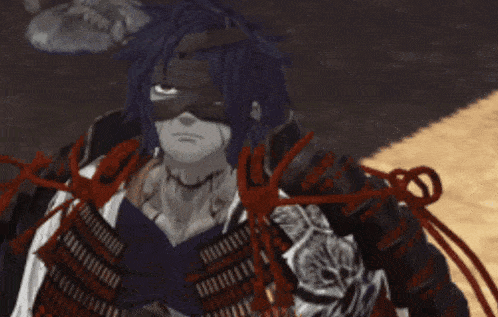 a man with a bandage on his face is wearing a black and red armor