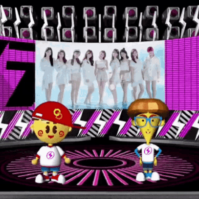 two cartoon characters are on a stage in front of a screen that says ' 8888 '