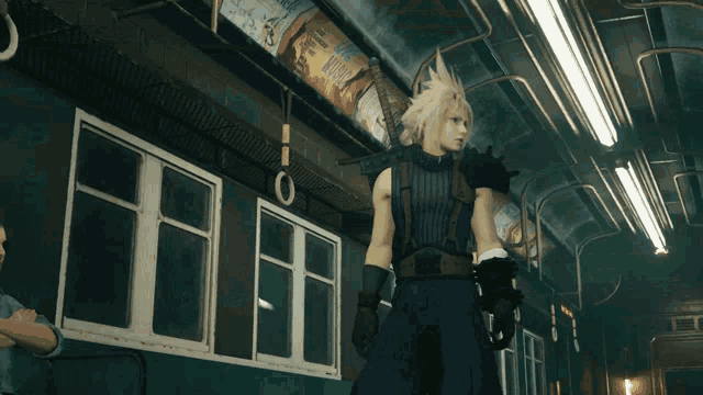 a man in sunglasses is standing next to a cloud strife character