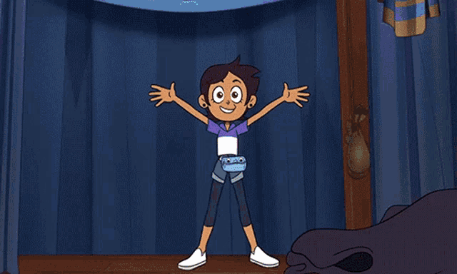 a cartoon character is standing on a stage with her arms outstretched and confetti falling around her .