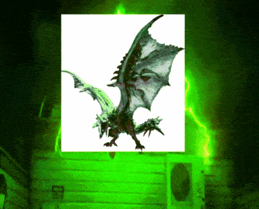 a picture of a dragon in front of a green light
