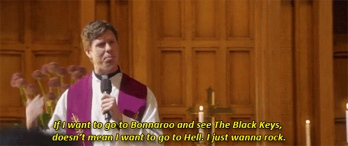 a priest is talking into a microphone and says if i want to go to bonnaroo
