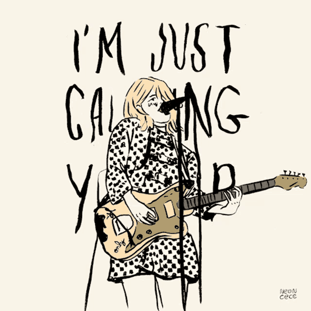 a drawing of a woman playing a guitar and singing into a microphone with the words i 'm just calming you up