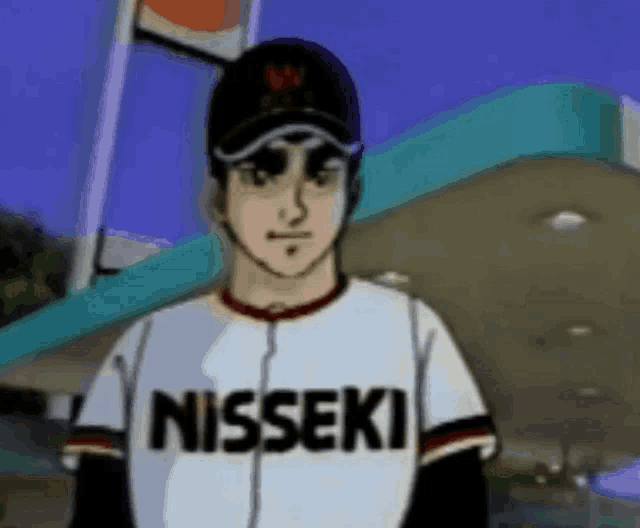 a cartoon of a baseball player wearing a nisseki jersey
