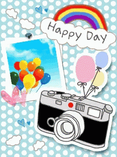 a picture of balloons and a camera with a happy day speech bubble above it