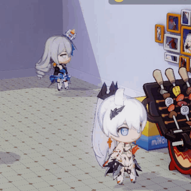 a cartoon character standing in front of a box that says mihoyo