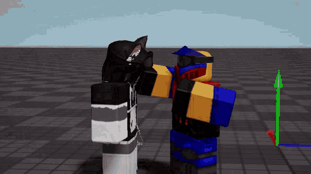 two roblox characters are standing next to each other and one has a cat on his head