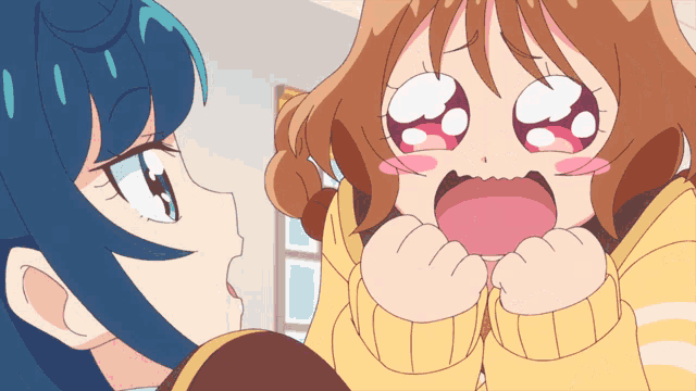 two anime girls are looking at each other with their mouths wide open