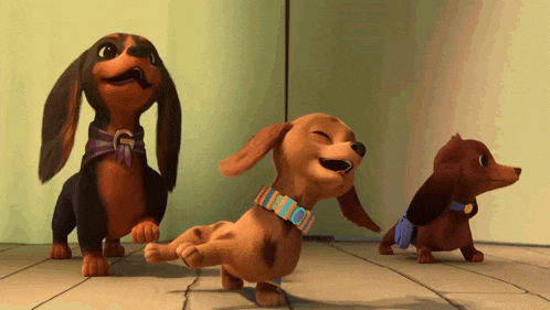three cartoon dachshunds are standing next to each other on a tile floor
