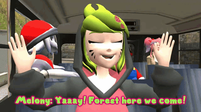 a cartoon character says " melony yaaay forest here we come " while sitting on a bus