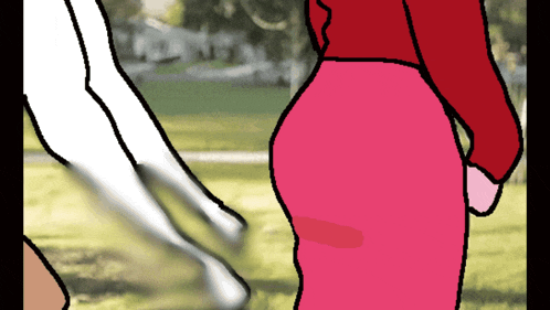 a cartoon of a woman in a pink skirt and a white leg